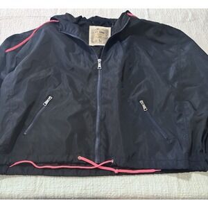 Ci Sono Large Blue Hooded Rain Jacket Lightweight Full Zip Neon Pink Accents EUC